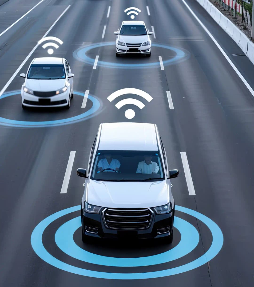 Cars driving safely on highway with active ADAS features like lane keeping and automatic emergency braking 